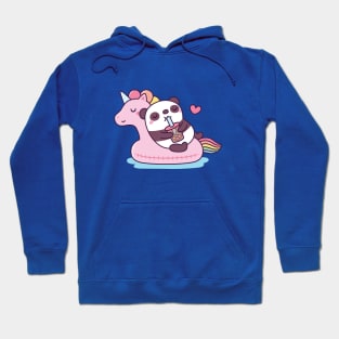 Cute Panda Enjoying Bubble Tea on Unicorn Pool Float Hoodie